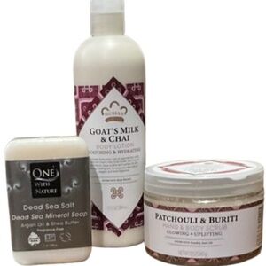 One w Nature Dead Sea Soap, Goat’s Milk & Chai Lotion, Patchouli Hand/Body Scrub
